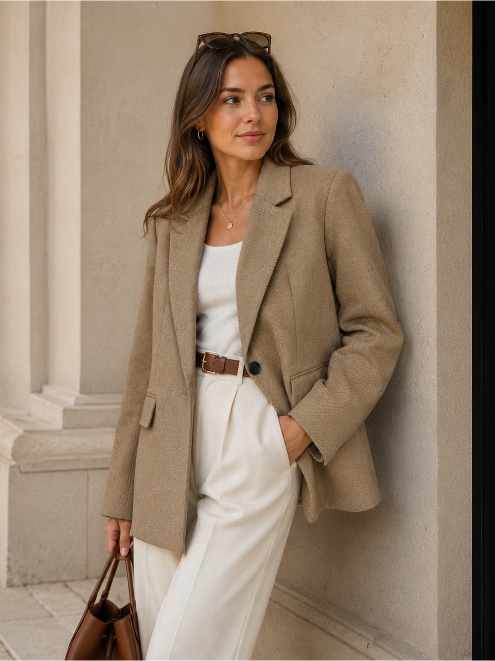 Zara Tan Single-Button Tailored Blazer